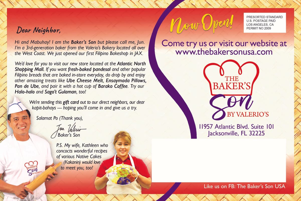 The Baker's Son direct mail piece — 'Dear Neighbor' grand opening letter, geo-targeted to Florida households