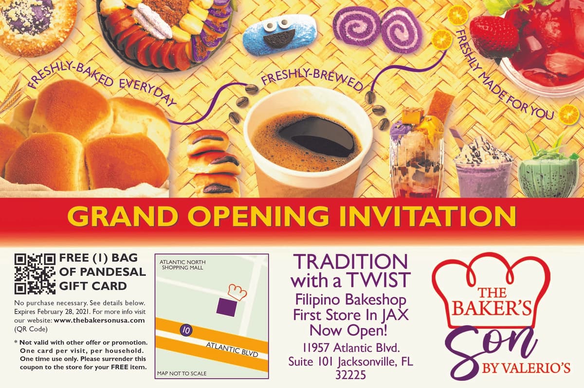 The Baker's Son grand opening invitation flyer — Florida launch direct mail piece